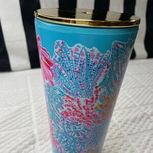 Lilly Pulitzer 22oz PLASTIC Travel TUMBLER Coral Ocean Sea Fans Pink and Blue
